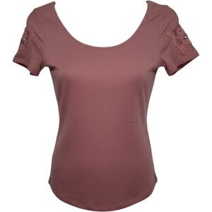 Mudd Women's Ash Rose Ribbed Lace‎ Short Sleeve Scoop Neck T-Shirt Small NWT